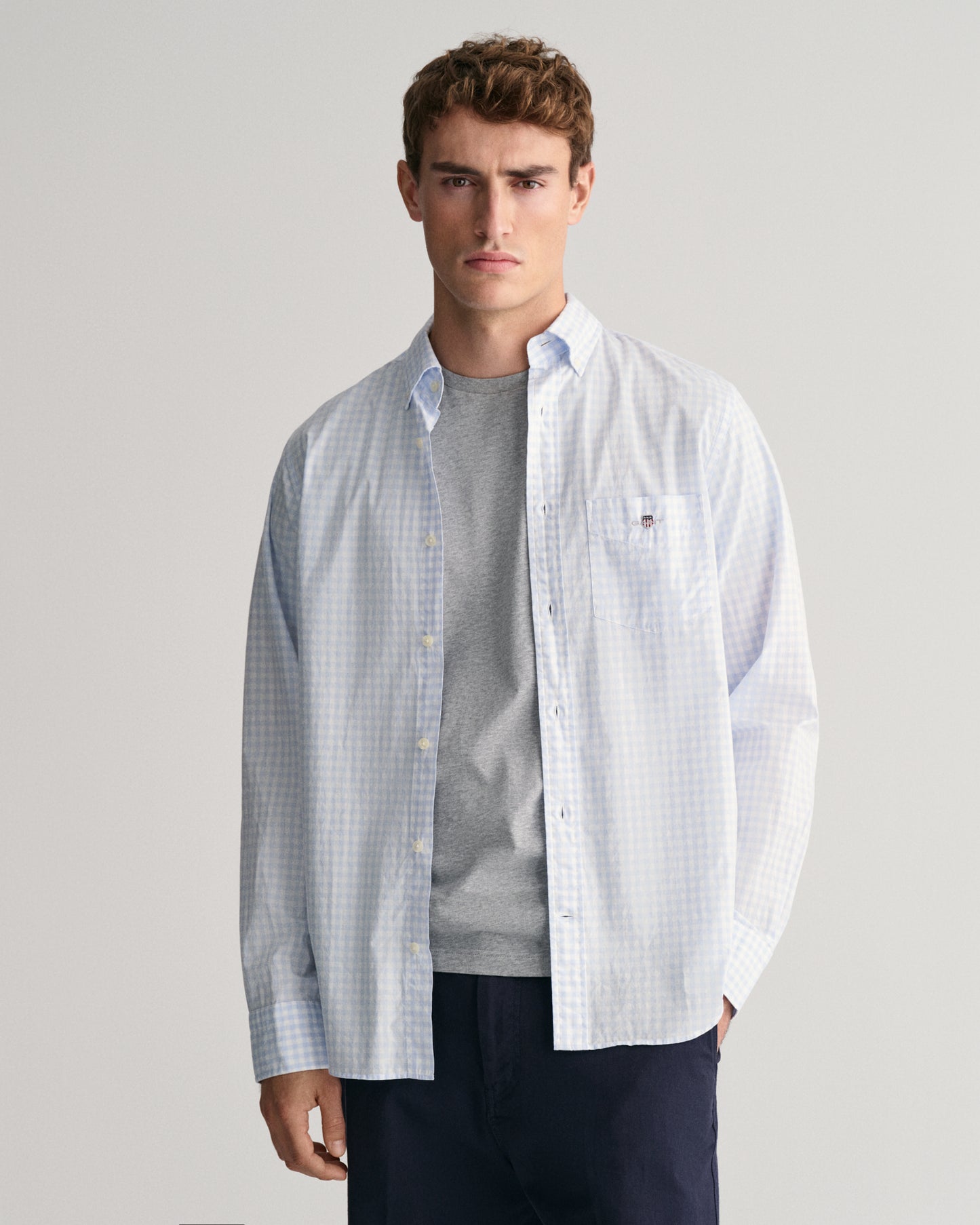 LIGHT BLUE, REG CLASSIC POPLIN GINGHAM SHIRT, FRONT-VIEW BY GANT AU.