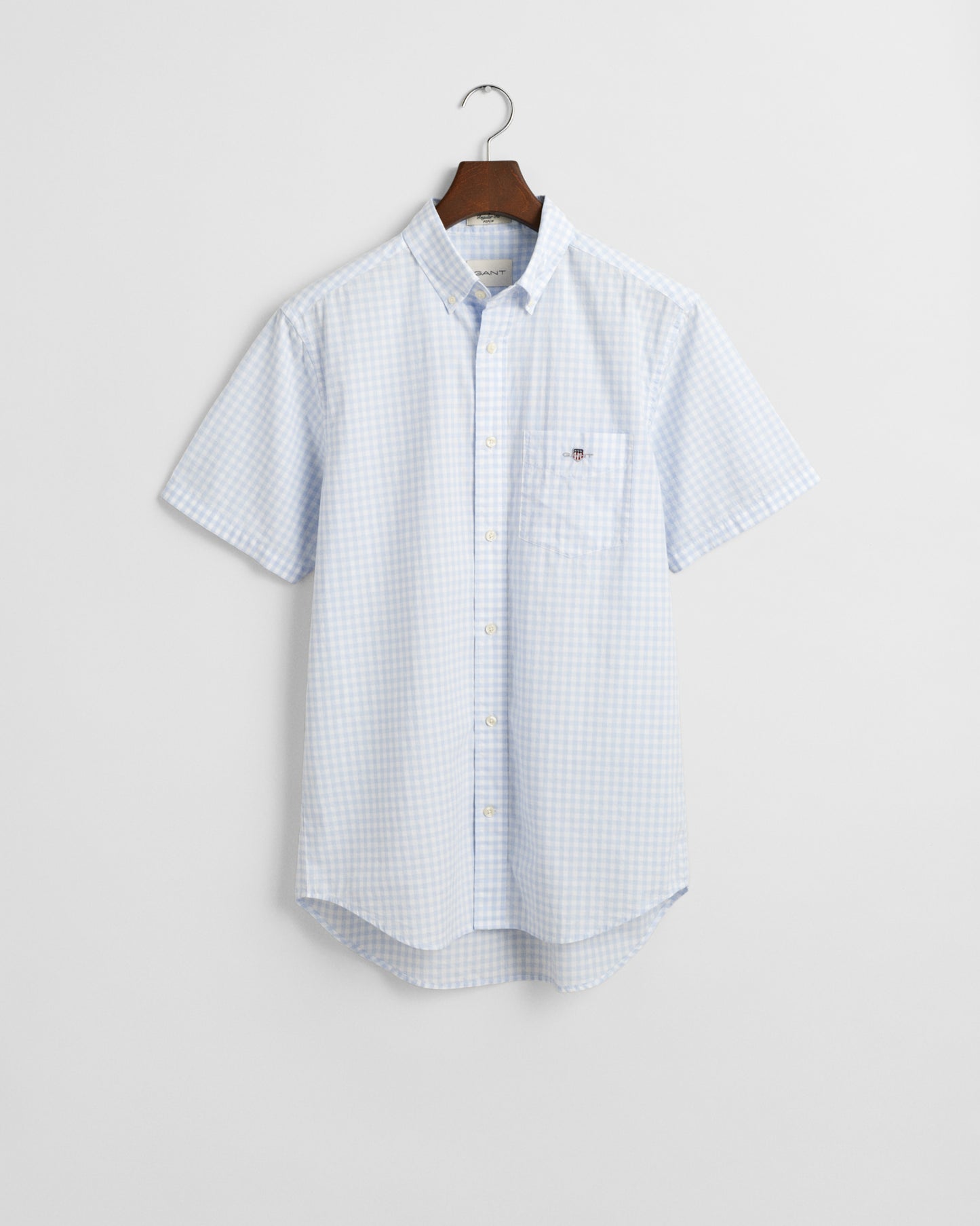 LIGHT BLUE, REG POPLIN GINGHAM SS SHIRT, FLAT-LAY BY GANT AU.