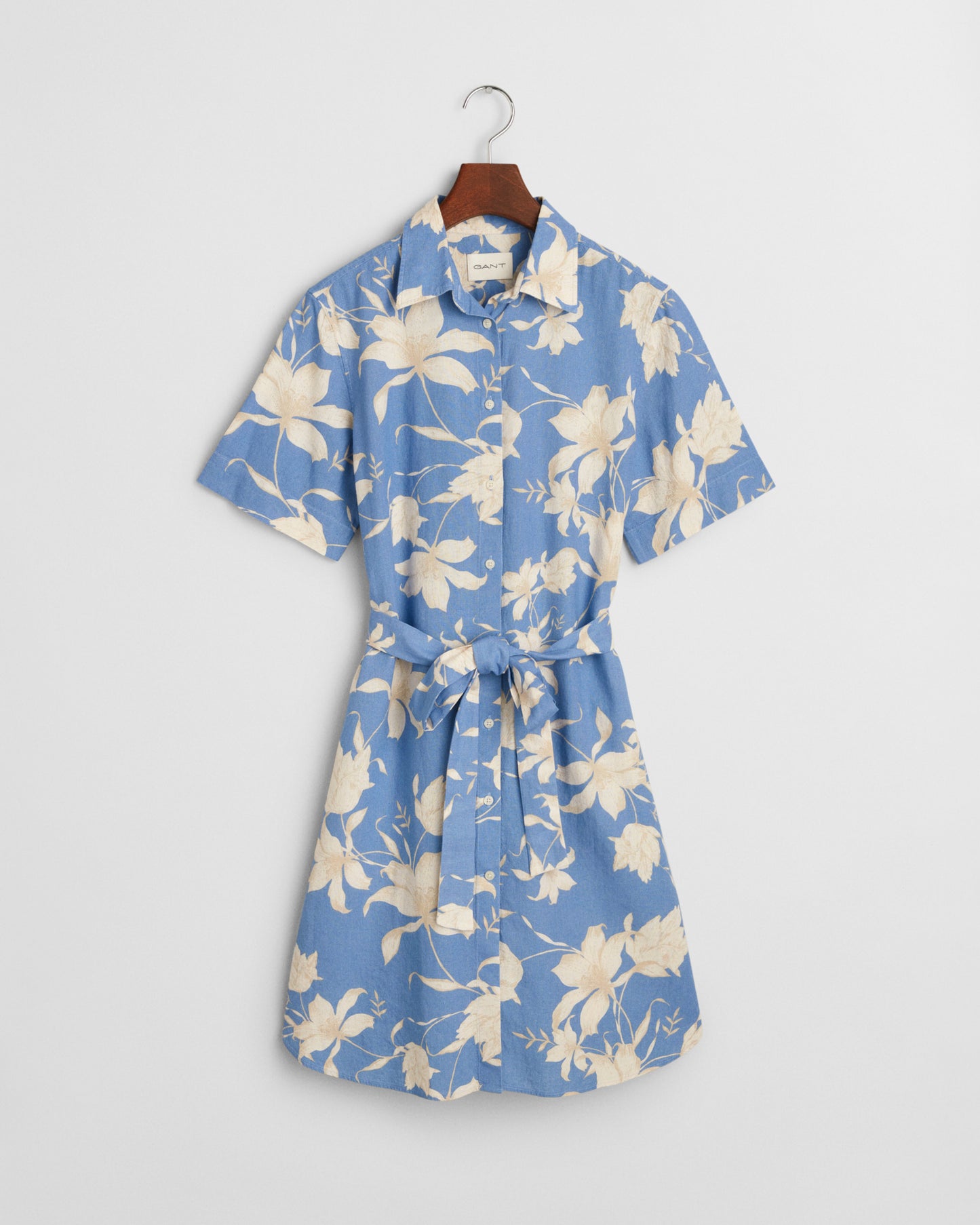 PERFECT BLUE, REG LINEN FLORAL PRINT SHIRT DRESS, FLAT-LAY BY GANT AU.
