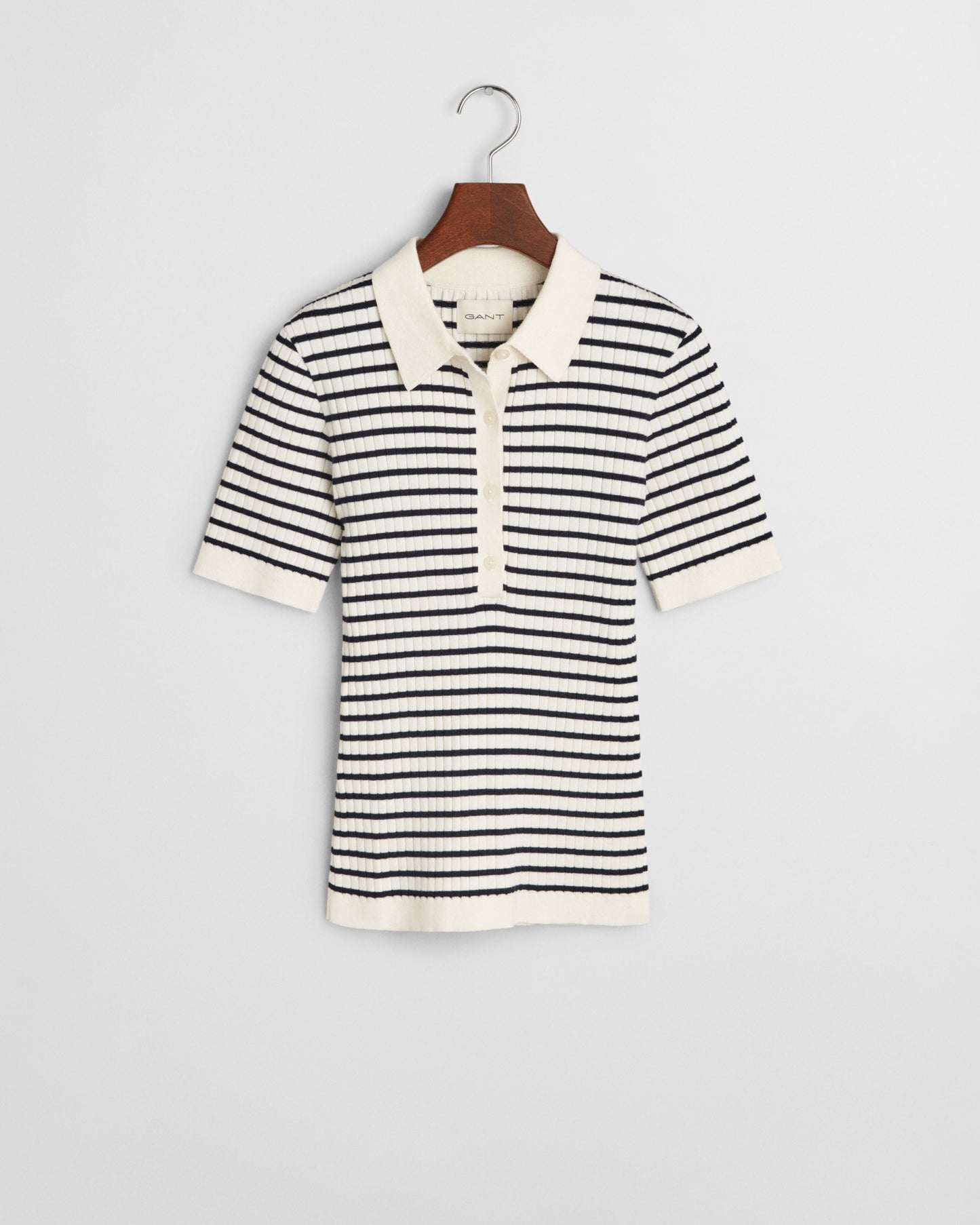 EVENING BLUE, RIB KNIT STRIPED SS RUGGER, FLAT-LAY BY GANT AU.