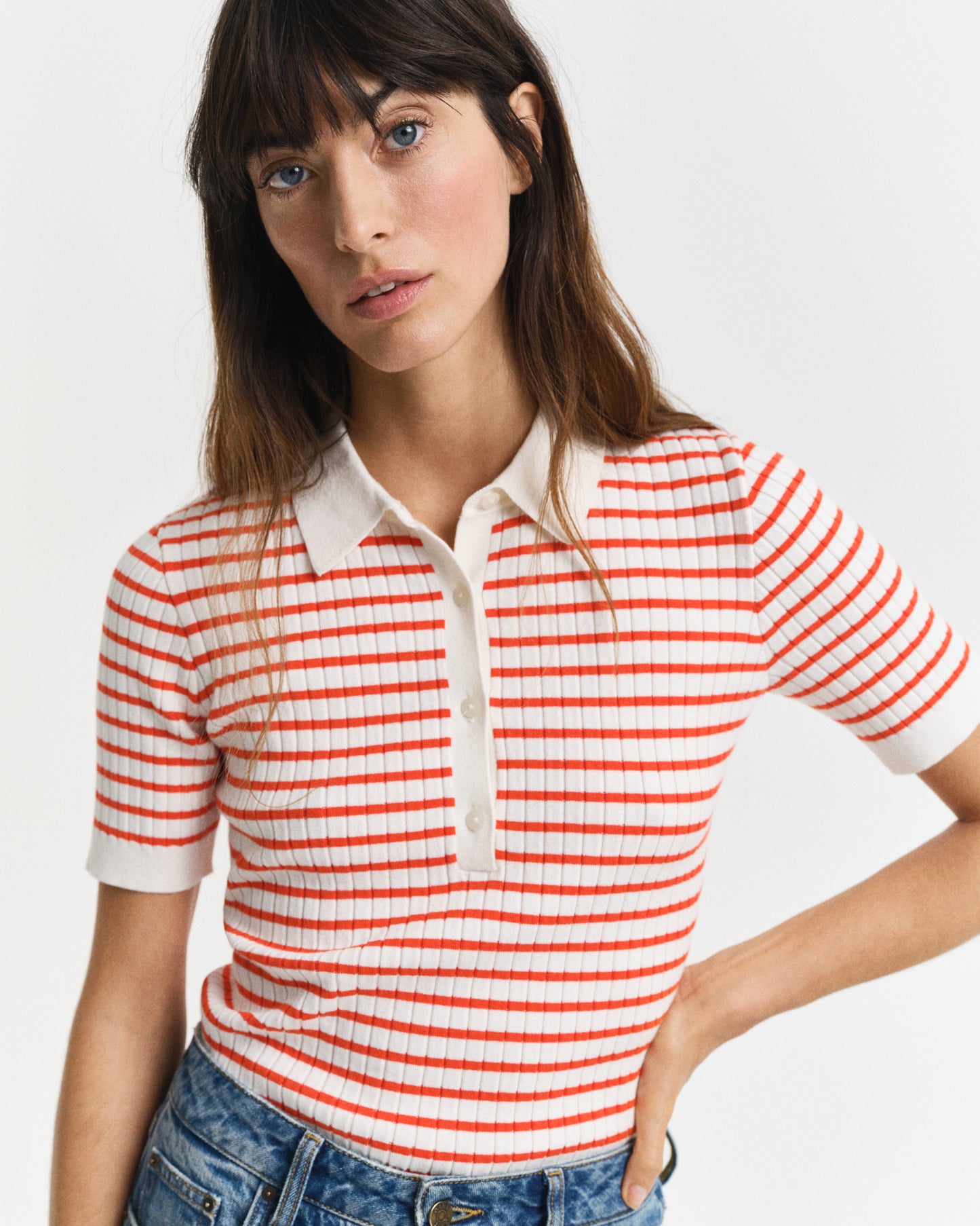 ORANGE RED, RIB KNIT STRIPED SS RUGGER, CLOSE-UP BY GANT AU.