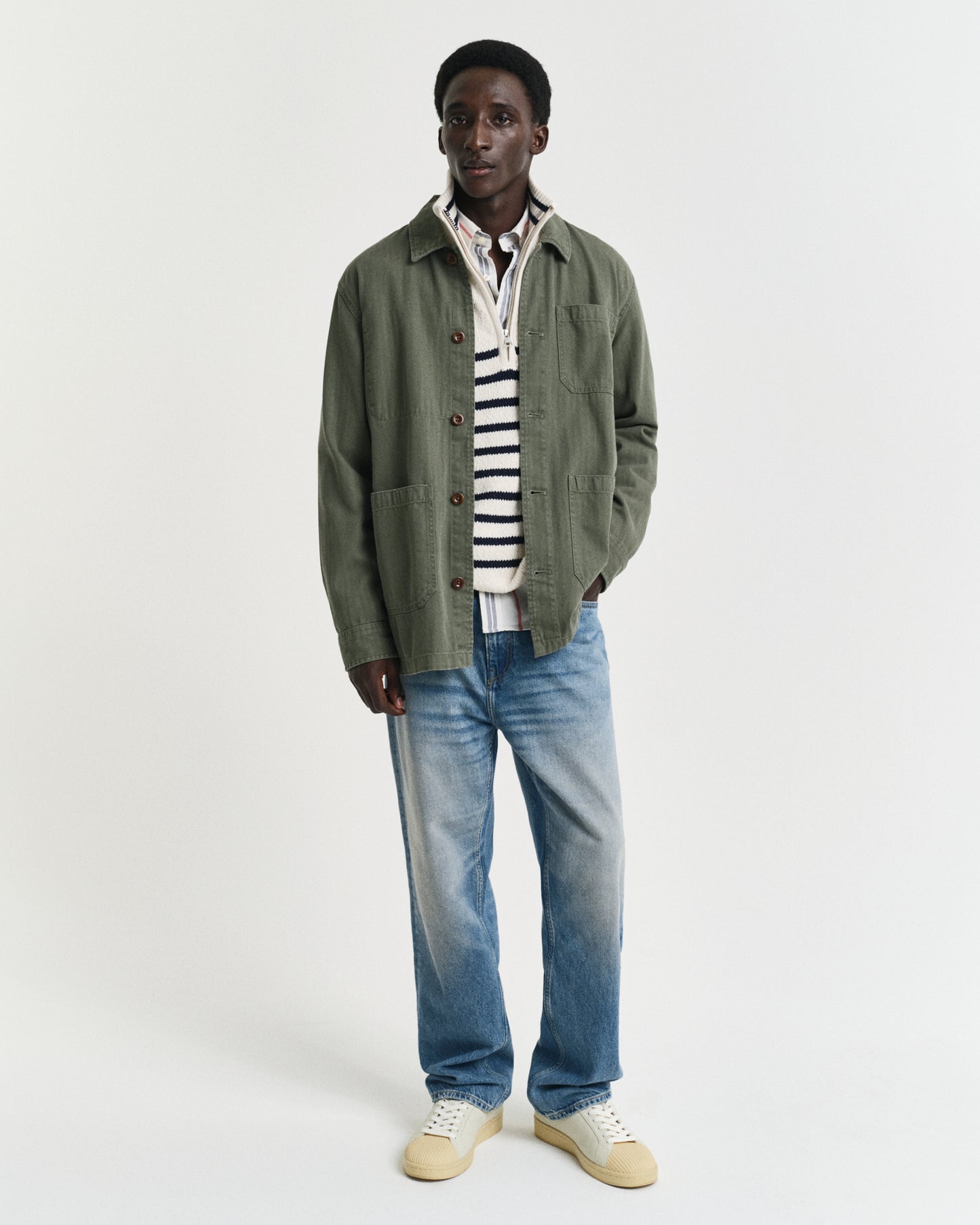 CREAM, STRIPED COTTON SLUB HALF ZIP BY GANT AU.