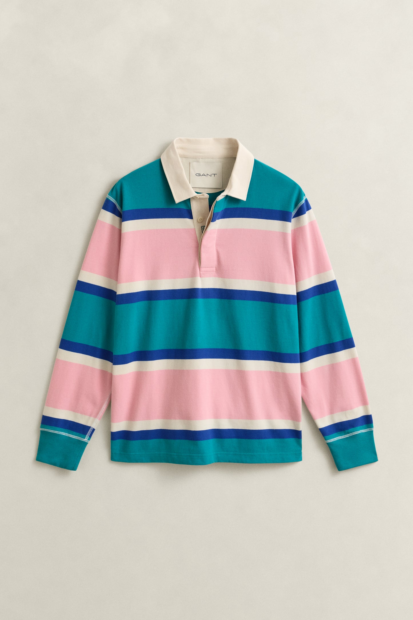 AQUA BLUE, BLOCKED STRIPE RUGGER, FLAT-LAY BY GANT AU.