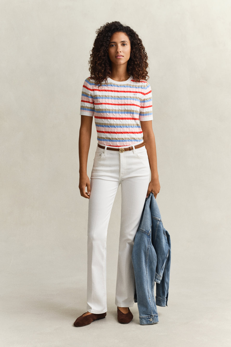 Striped Cable Knit Short Sleeve Sweater