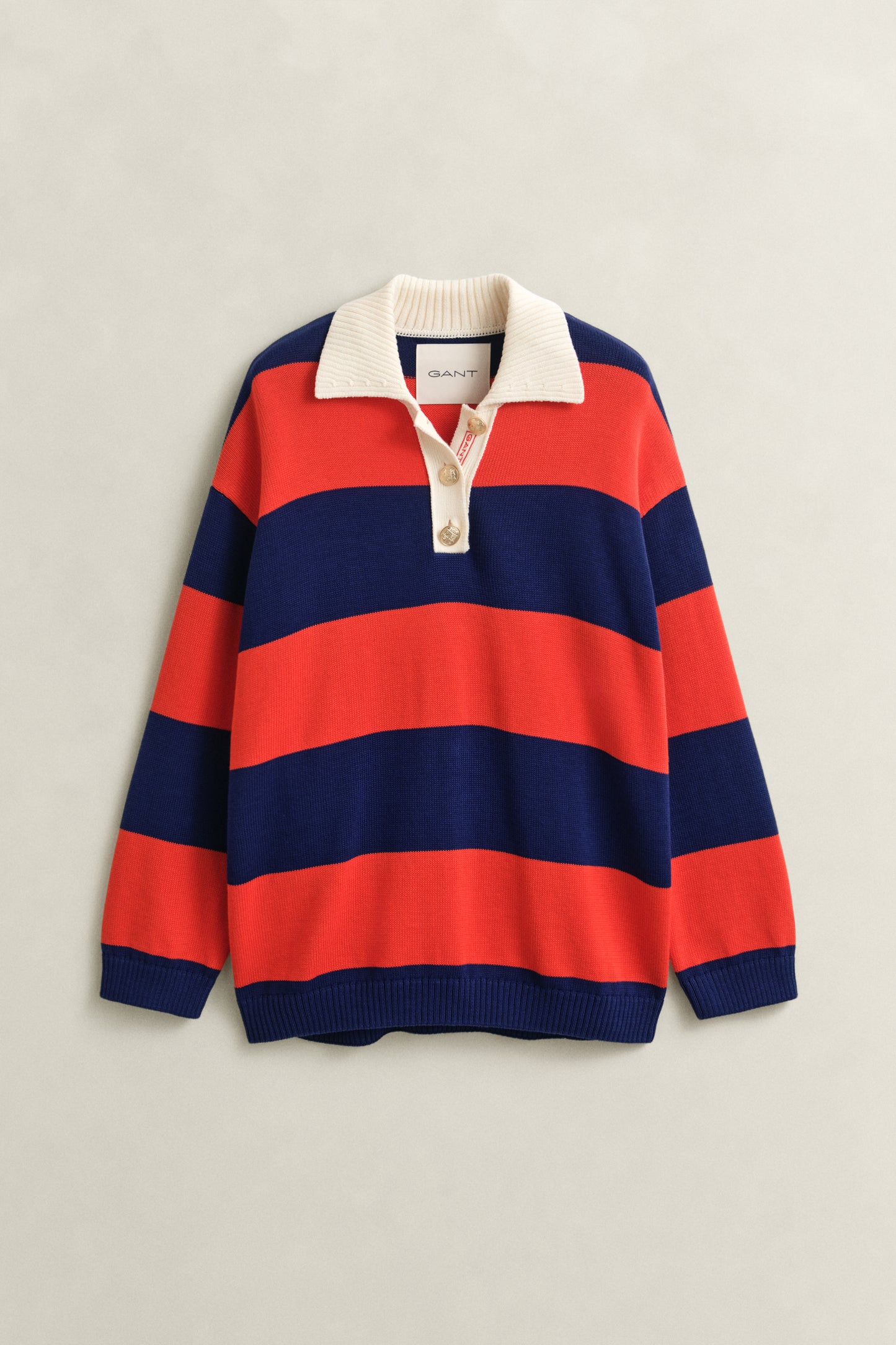 PERFECT RED, STRIPED COTTON RUGGER, FLAT-LAY BY GANT AU.