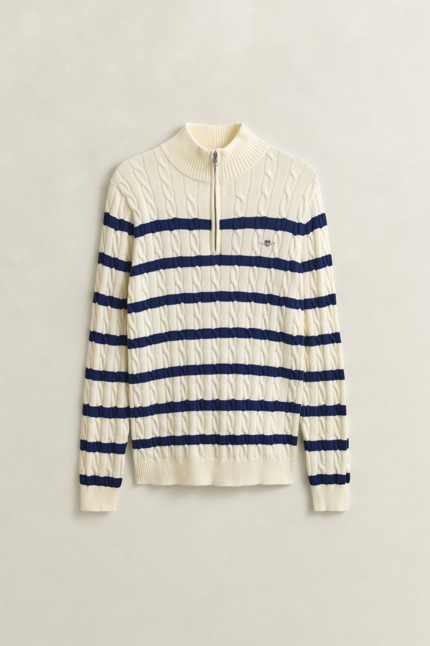 CREAM, STRIPED COTTON CABLE HALF ZIP, FLAT-LAY BY GANT AU.