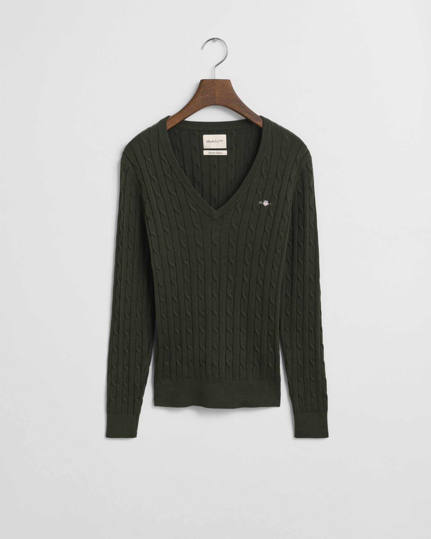 Stretch Cotton Cable Knit V-Neck Sweater