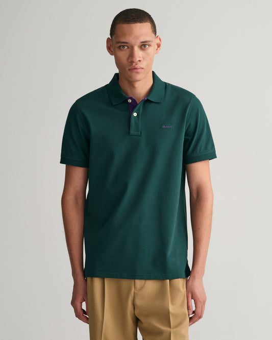 TARTAN GREEN, REG CONTRAST PIQUE SS POLO, FRONT-VIEW BY GANT AU.