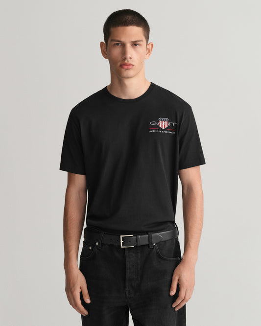 BLACK, REG ARCHIVE SHIELD EMB SS T-SHIRT, FRONT-VIEW BY GANT AU.