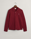 PLUMPED RED, REG SHIELD LS PIQUE POLO, FLAT-LAY BY GANT AU.