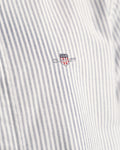 PERSIAN BLUE, SLIM OXFORD BANKER STRIPE SHIRT, CLOSE-UP BY GANT AU.