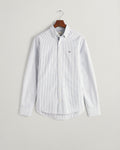 PERSIAN BLUE, SLIM OXFORD BANKER STRIPE SHIRT, FLAT-LAY BY GANT AU.