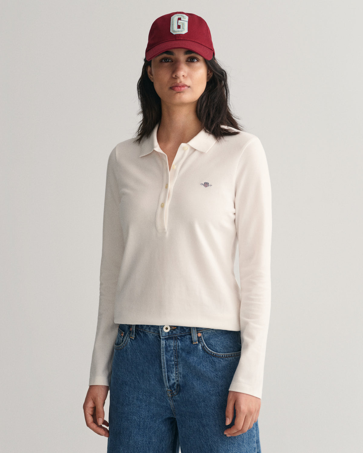 EGGSHELL, SLIM SHIELD LS PIQUE POLO, FRONT-VIEW BY GANT AU.