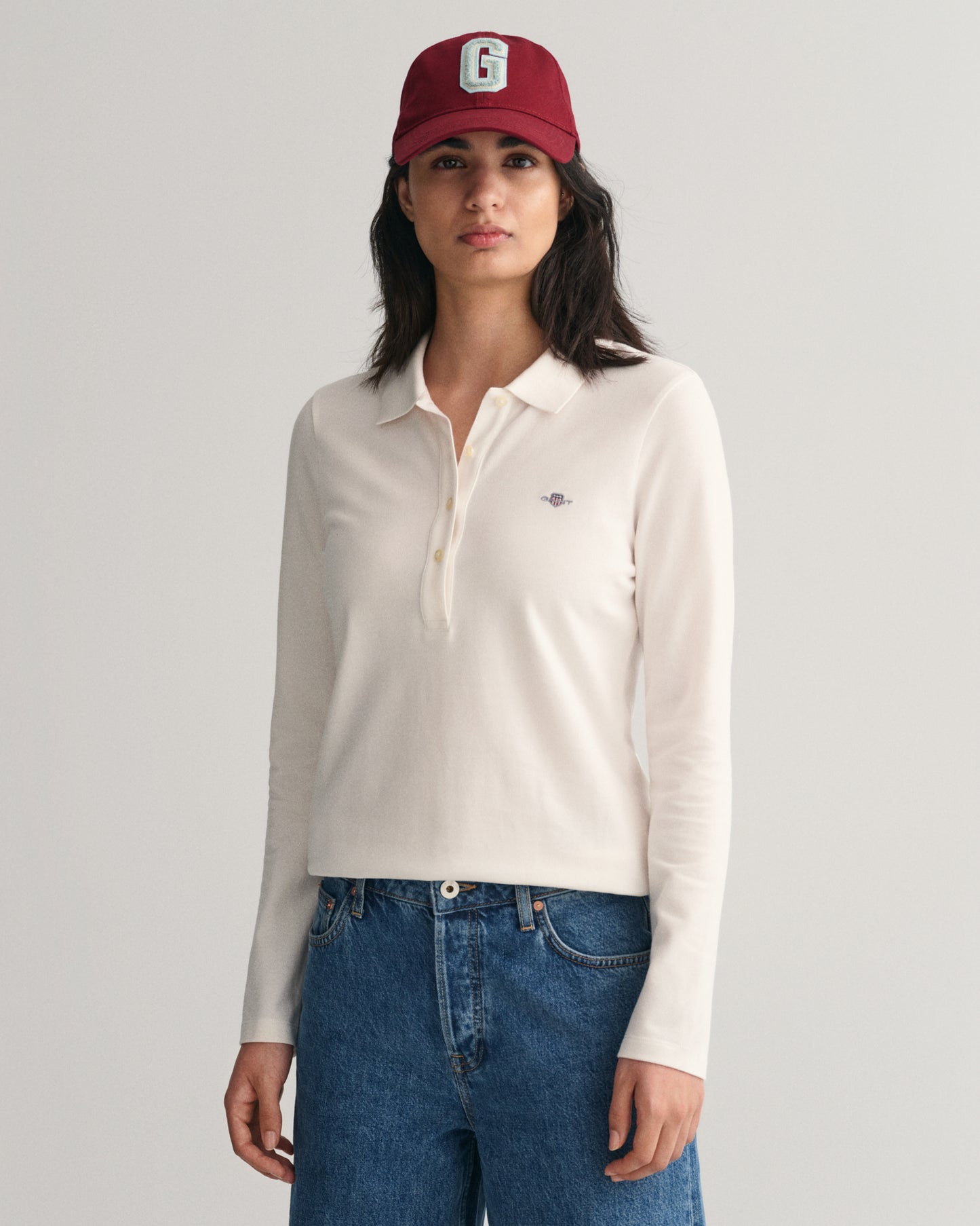 EGGSHELL, SLIM SHIELD LS PIQUE POLO, FRONT-VIEW BY GANT AU.