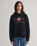 BLACK, REL ARCHIVE SHIELD HOODIE, FRONT-VIEW BY GANT AU.