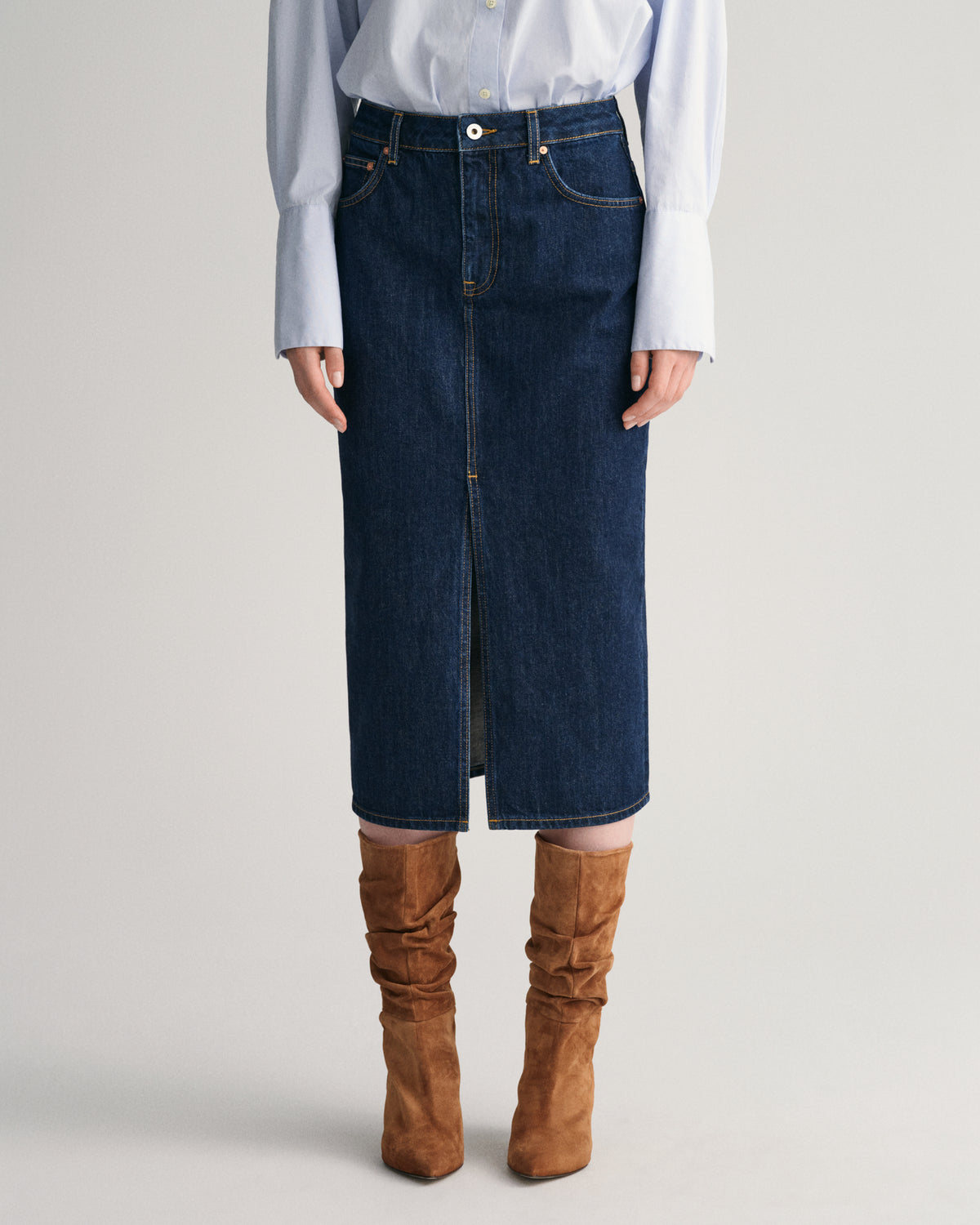 DARK BLUE, SLIM DENIM PENCIL SKIRT, CLOSE-UP BY GANT AU.