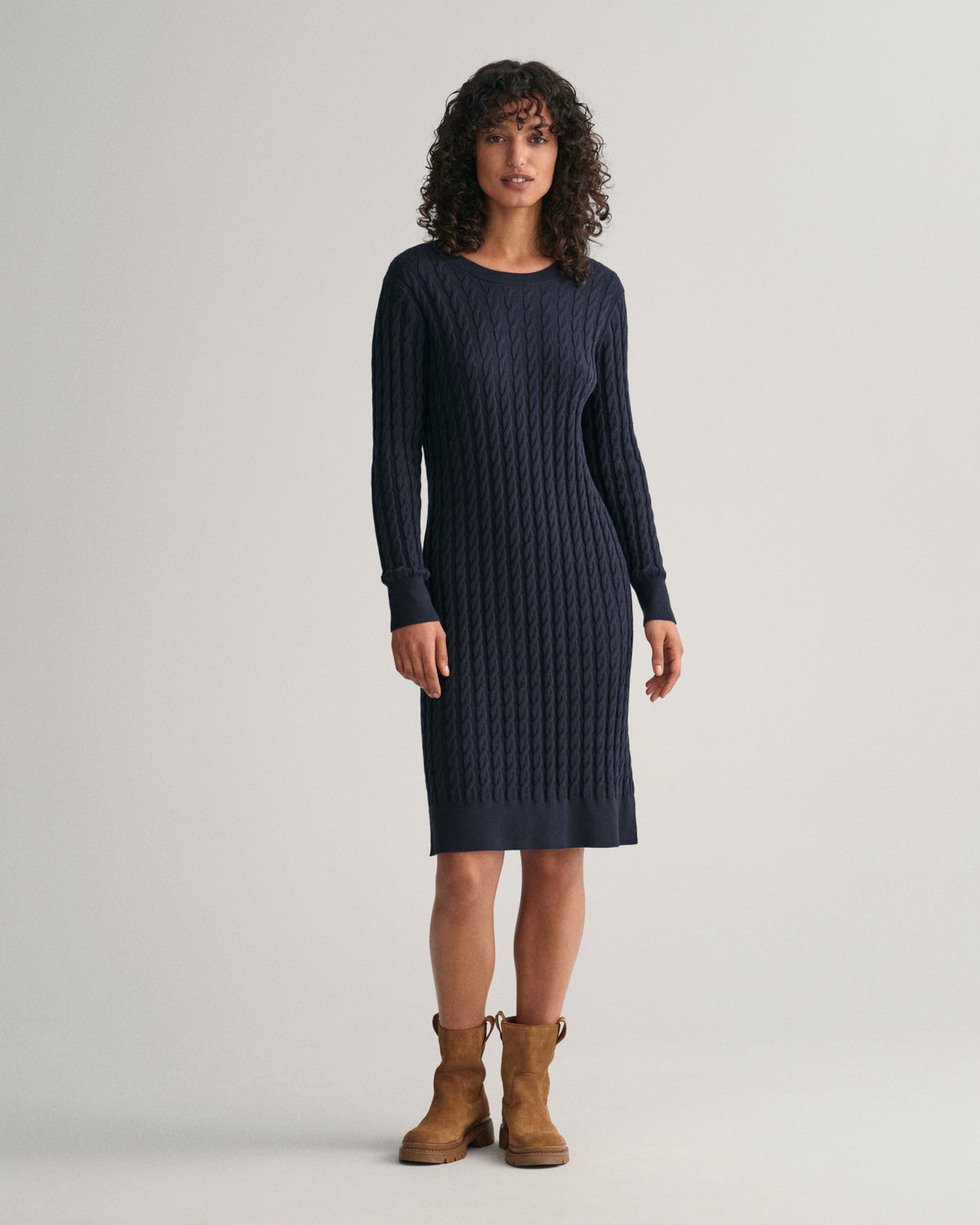 EVENING BLUE, STRETCH COTTON CABLE C-NECK DRESS, FRONT-VIEW BY GANT AU.