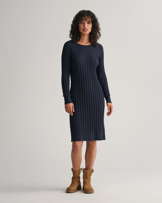 EVENING BLUE, STRETCH COTTON CABLE C-NECK DRESS, FRONT-VIEW BY GANT AU.