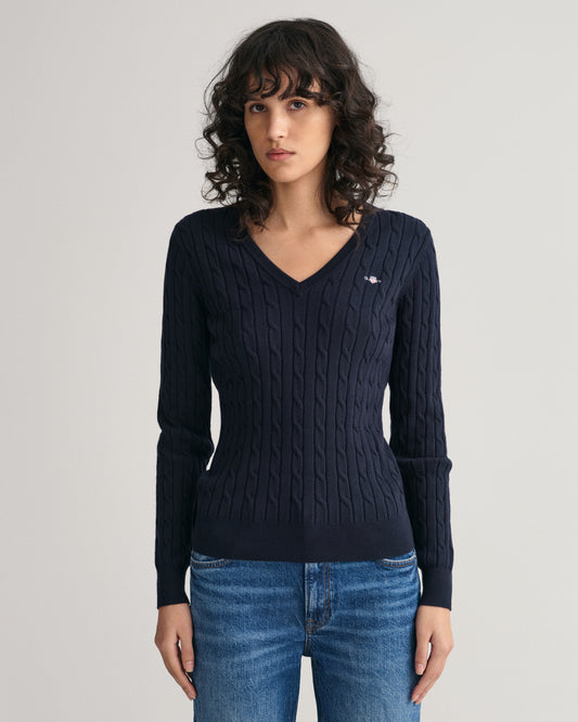 EVENING BLUE, STRETCH COTTON CABLE V-NECK, FRONT-VIEW BY GANT AU.