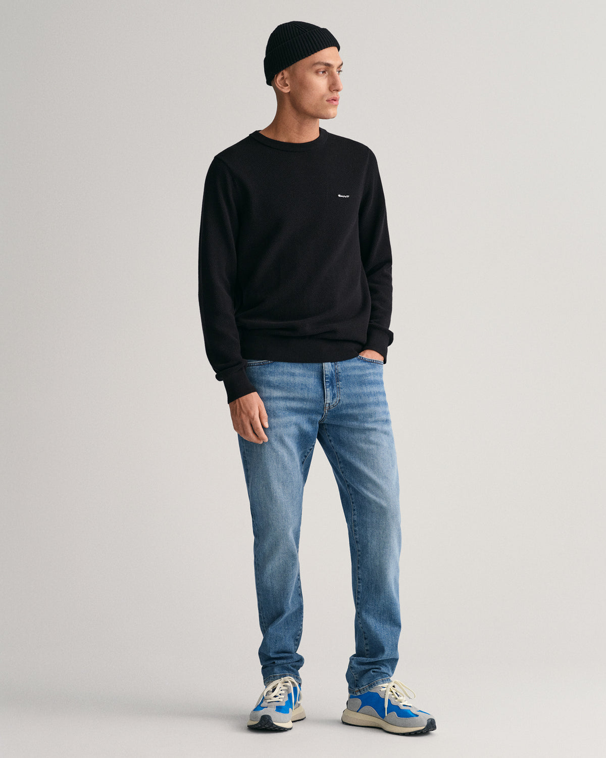 BLACK, COTTON PIQUE C-NECK BY GANT AU.