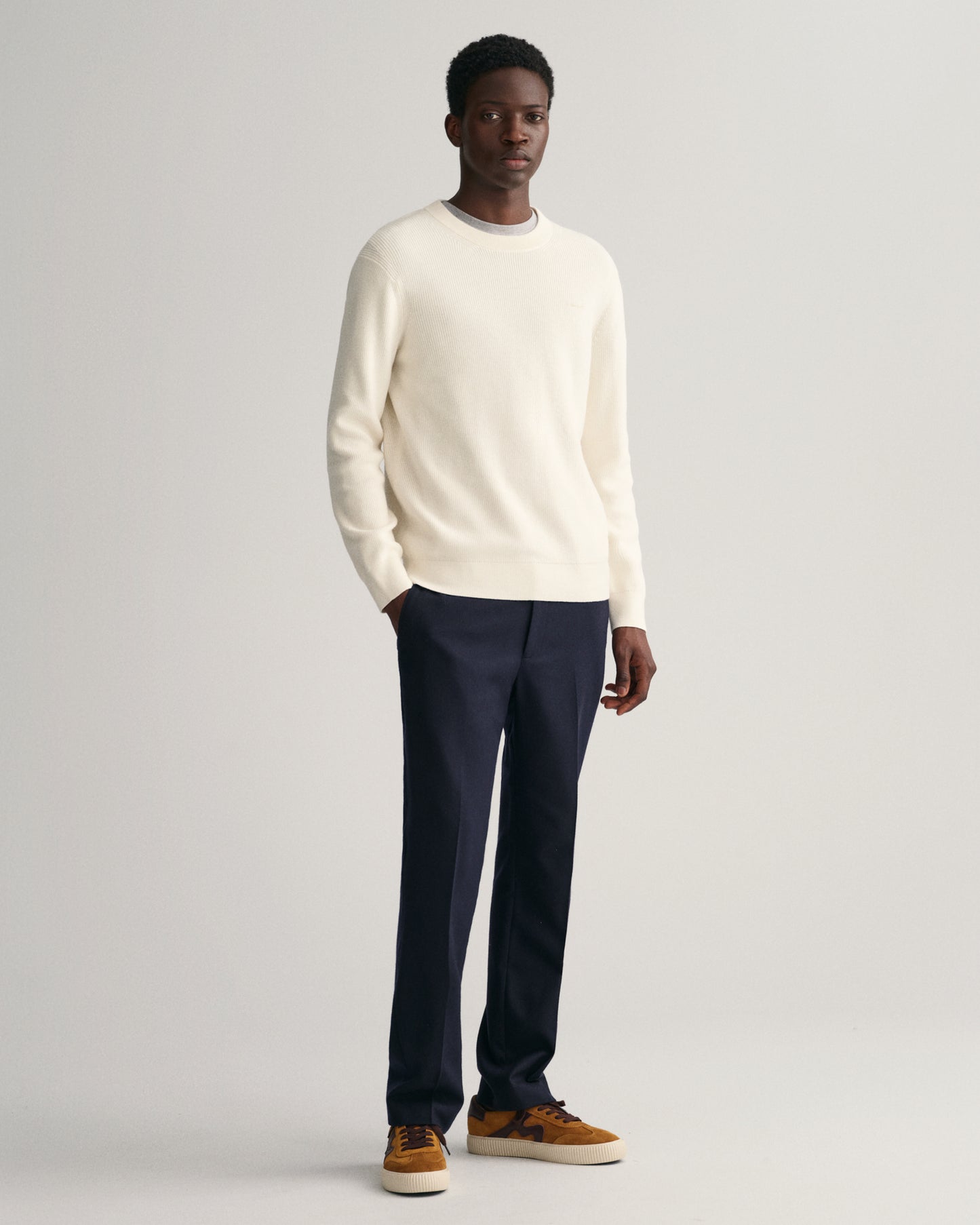 CREAM, COTTON WOOL RIB C-NECK BY GANT AU.