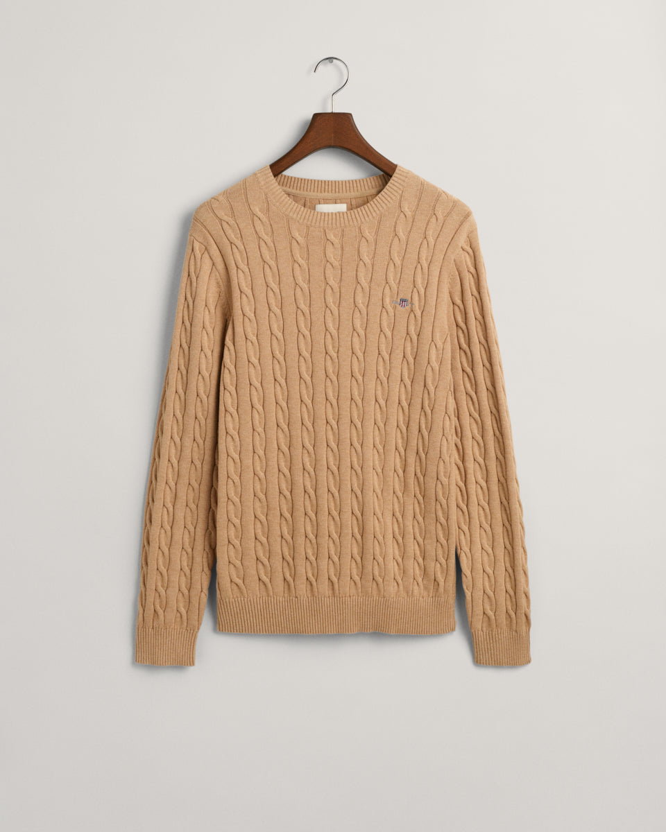 KHAKI MELANGE, COTTON CABLE C-NECK, FLAT-LAY BY GANT AU.