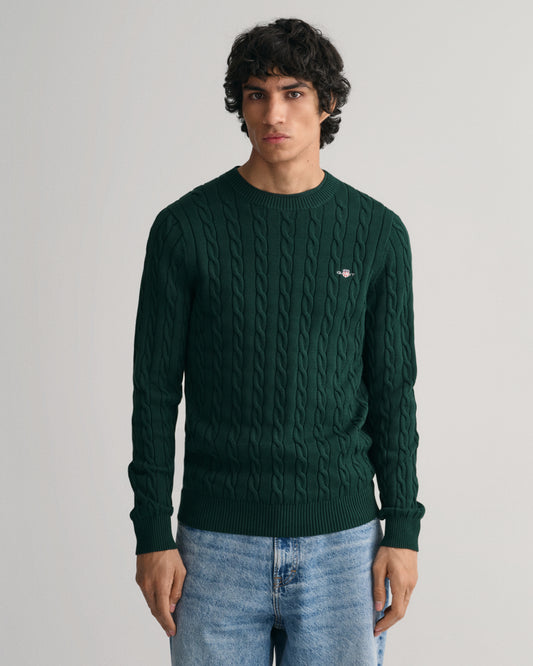 TARTAN GREEN, COTTON CABLE C-NECK, FRONT-VIEW BY GANT AU.