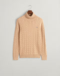 KHAKI MELANGE, COTTON CABLE TURTLE NECK, FLAT-LAY BY GANT AU.