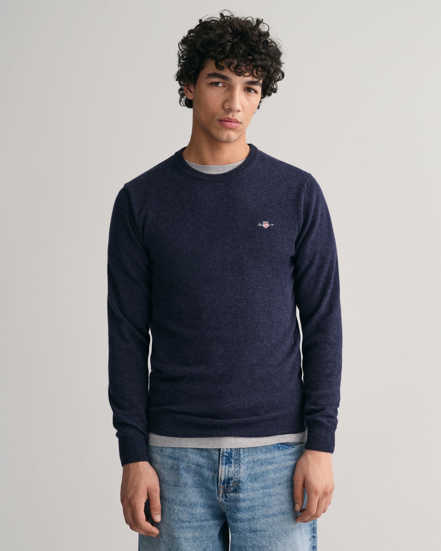 DARK NAVY MELANGE, SUPERFINE LAMBSWOOL C-NECK, FRONT-VIEW BY GANT AU.