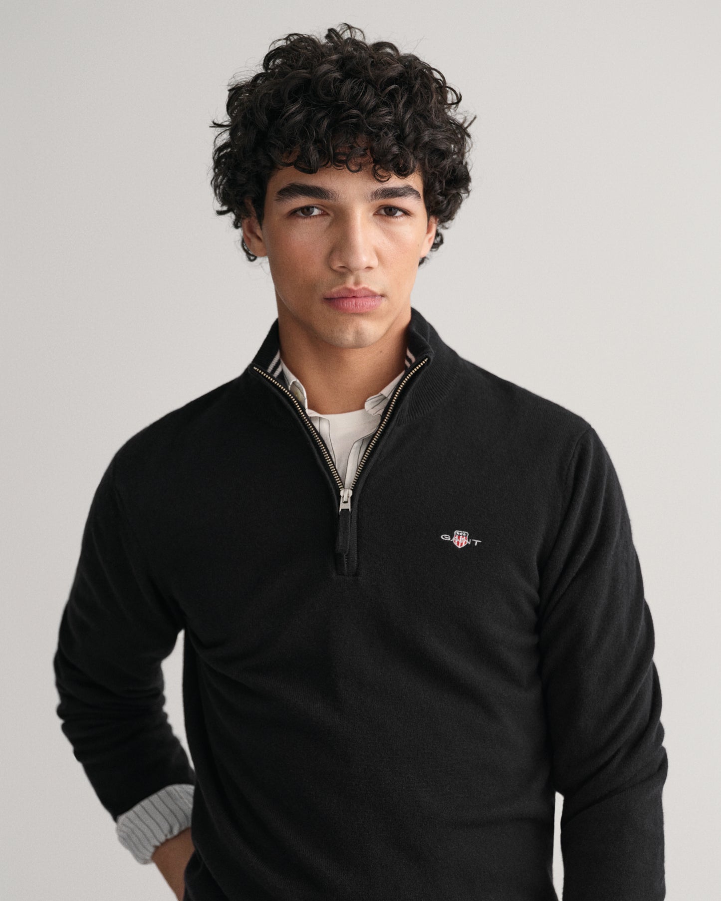 MODEL WEARING SUPERFINE LAMBSWOOL HALF ZIP