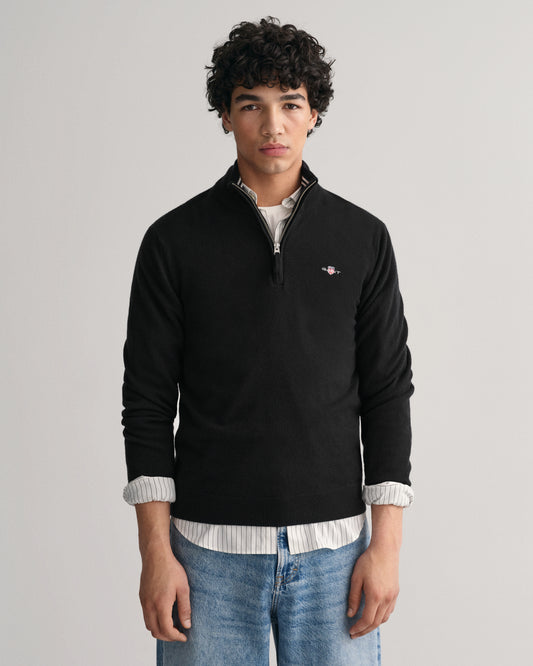 BLACK, SUPERFINE LAMBSWOOL HALF ZIP, FRONT-VIEW BY GANT AU.
