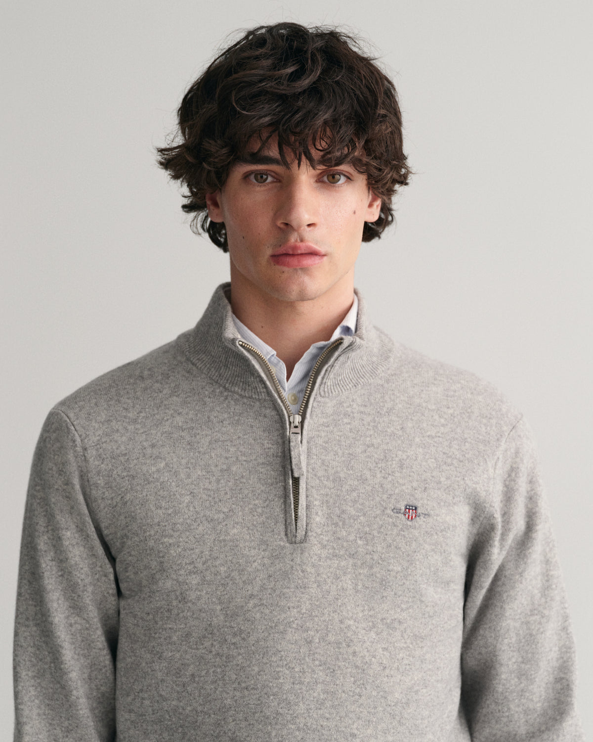 MODEL WEARING SUPERFINE LAMBSWOOL HALF ZIP
