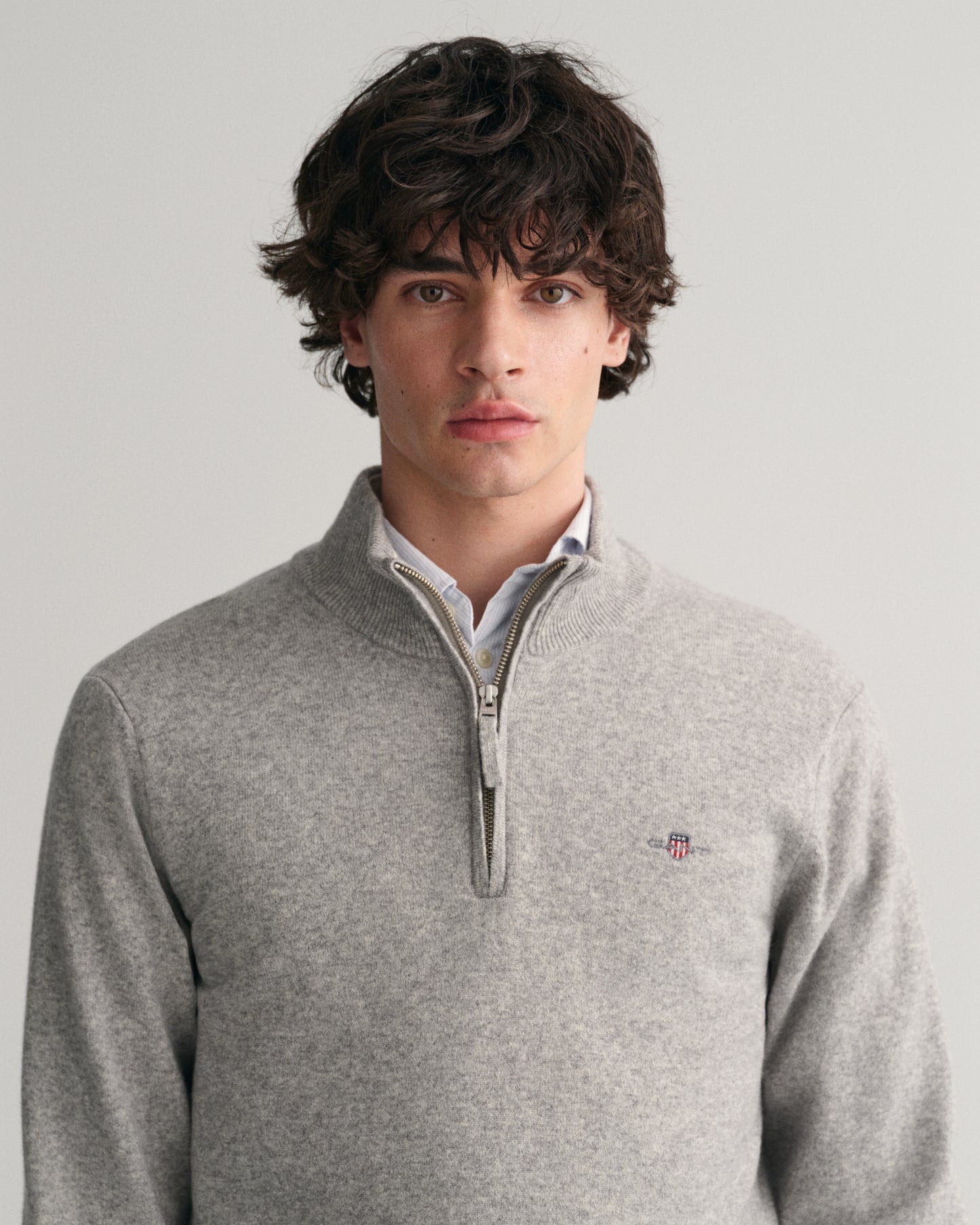 MODEL WEARING SUPERFINE LAMBSWOOL HALF ZIP