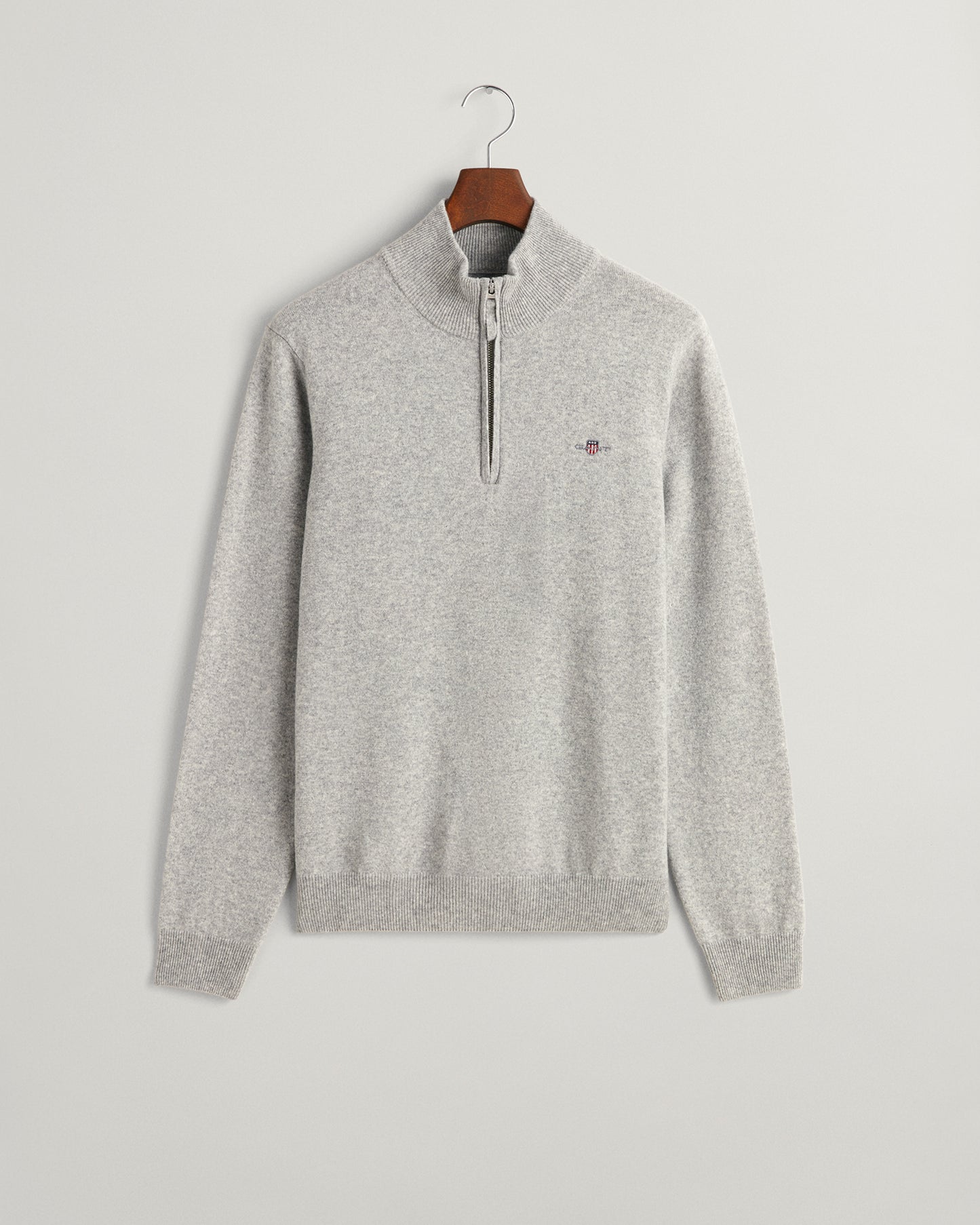 GREY MELANGE, SUPERFINE LAMBSWOOL HALF ZIP, FLAT-LAY BY GANT AU.