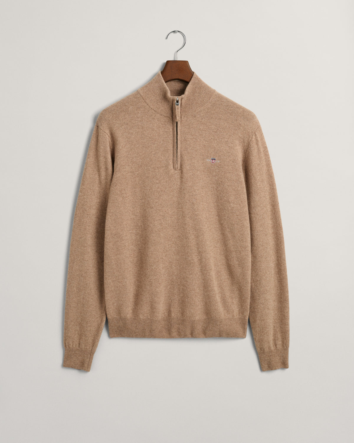 DK SAND MELANGE, SUPERFINE LAMBSWOOL HALF ZIP, FLAT-LAY BY GANT AU.