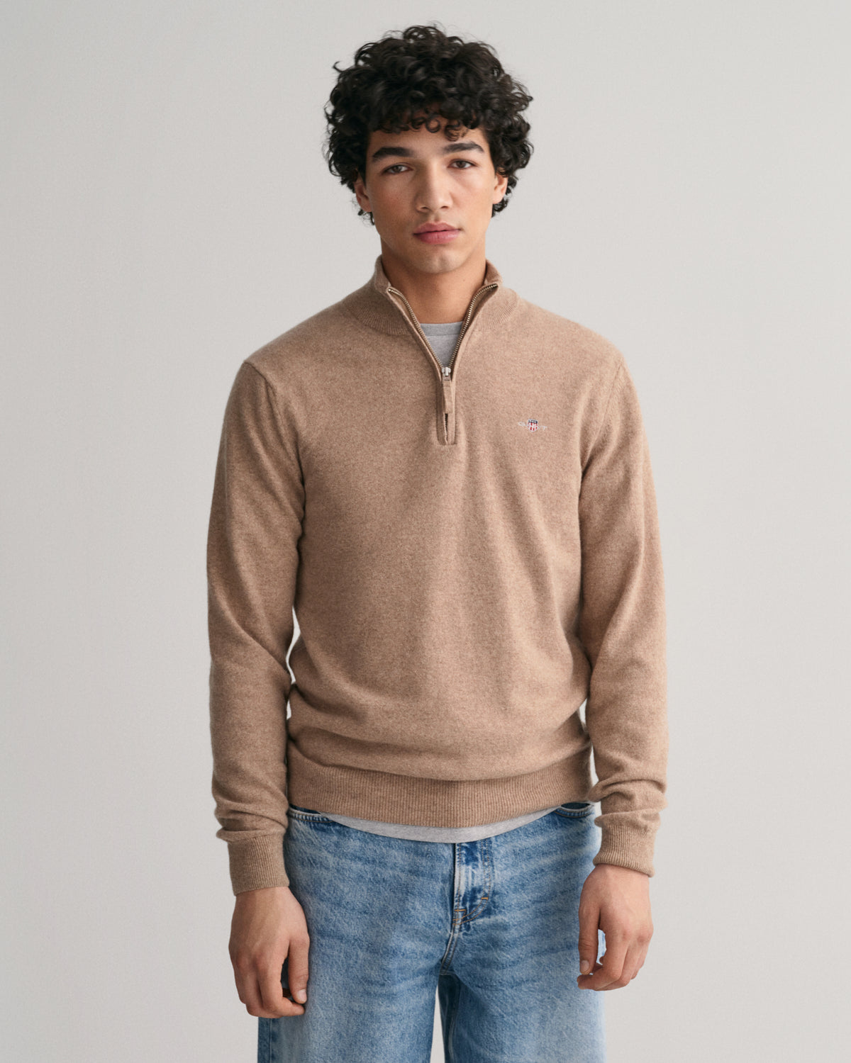 DK SAND MELANGE, SUPERFINE LAMBSWOOL HALF ZIP, FRONT-VIEW BY GANT AU.