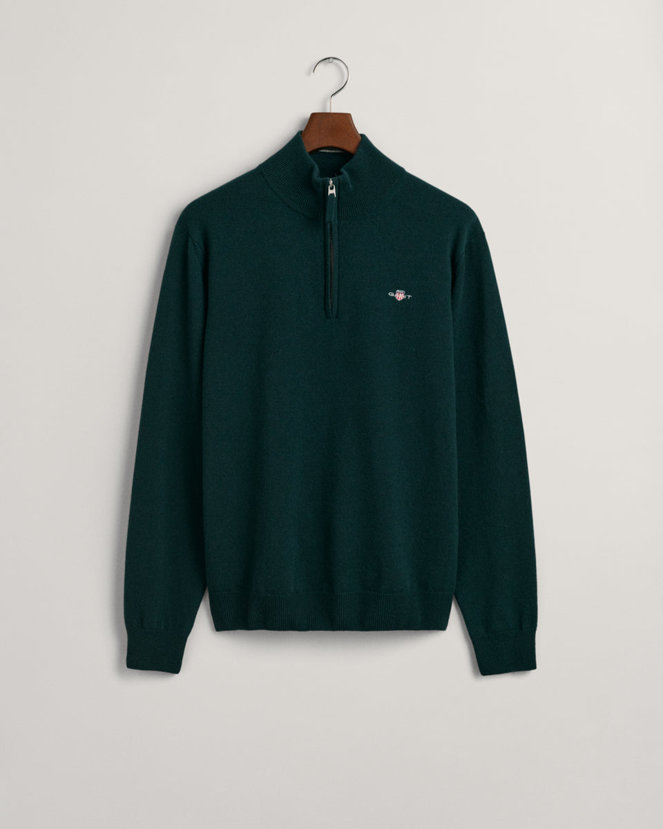 TARTAN GREEN, SUPERFINE LAMBSWOOL HALF ZIP, FLAT-LAY BY GANT AU.
