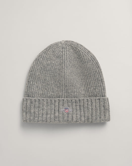 GREY MELANGE, UNISEX. SHIELD WOOL BEANIE, FRONT-VIEW BY GANT AU.