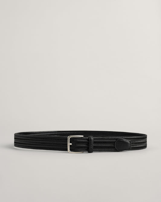BLACK, LEATHER ELASTIC BRAIDED BELT, FRONT-VIEW BY GANT AU.