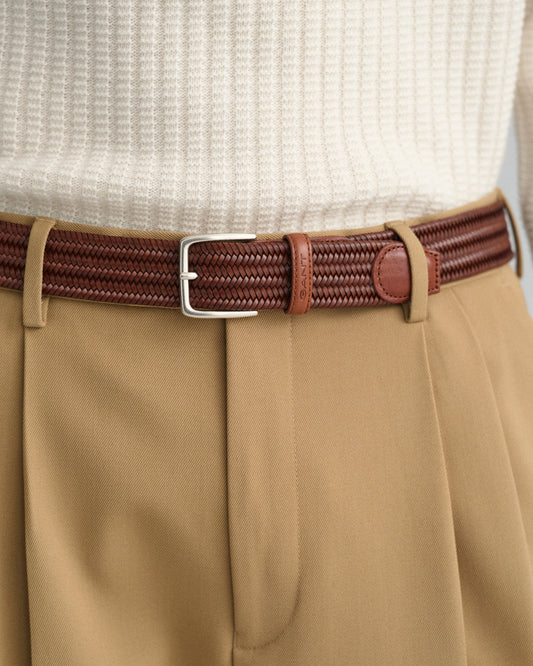 WEATHERED BROWN, LEATHER ELASTIC BRAIDED BELT BY GANT AU.