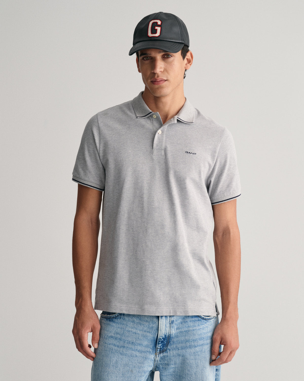 GREY MELANGE, TIPPING SS PIQUE POLO, FRONT-VIEW BY GANT AU.