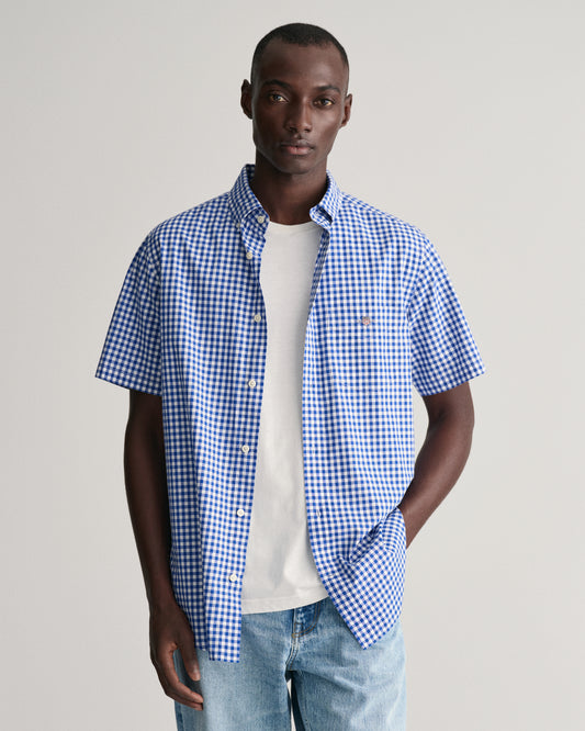 COLLEGE BLUE, REG POPLIN GINGHAM SS SHIRT, FRONT-VIEW BY GANT AU.