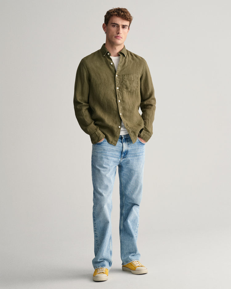 JUNIPER GREEN, REG GMNT DYED LINEN SHIRT BY GANT AU.