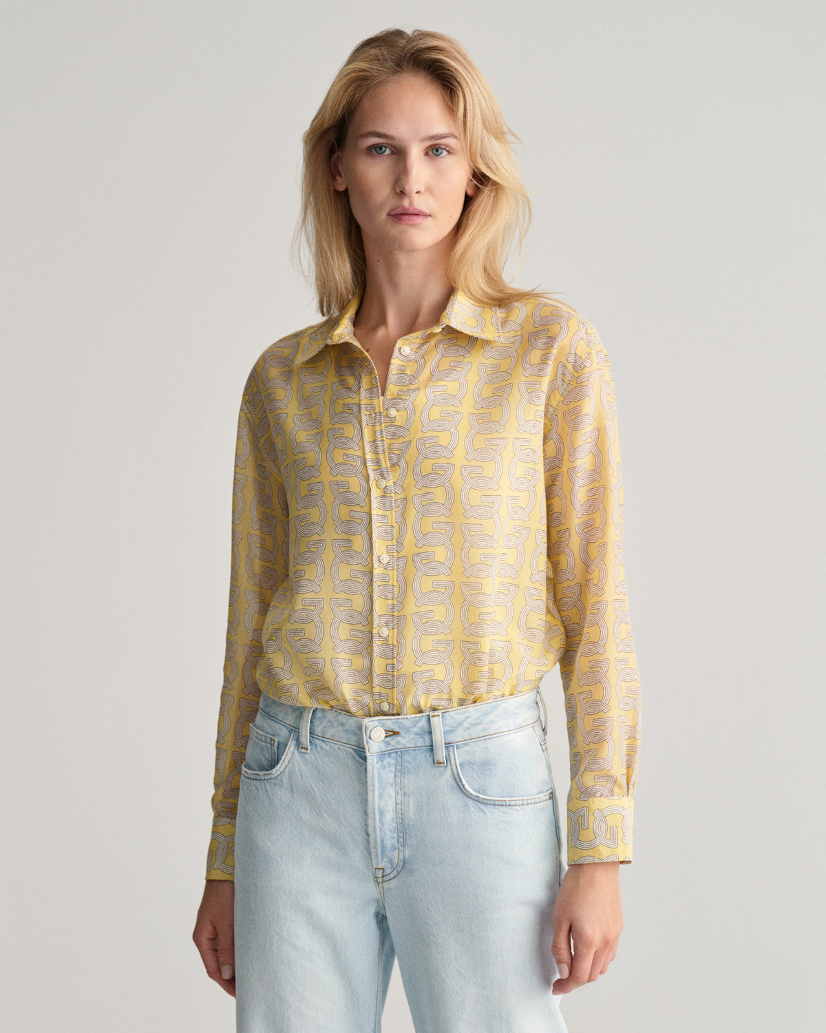 DUSTY YELLOW, REL G PATTERN COT SILK SHIRT, FRONT-VIEW BY GANT AU.
