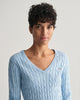 MODEL WEARING STRETCH COTTON CABLE V-NECK