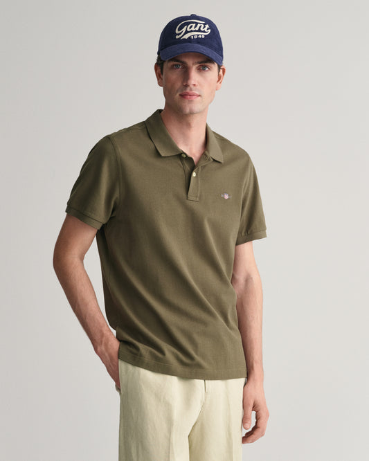 JUNIPER GREEN, REG SHIELD SS PIQUE POLO, FRONT-VIEW BY GANT AU.