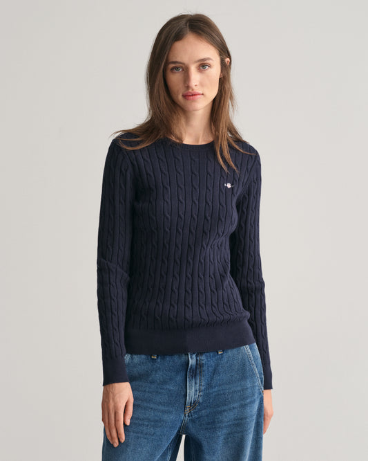 EVENING BLUE, STRETCH COTTON CABLE C-NECK, FRONT-VIEW BY GANT AU.
