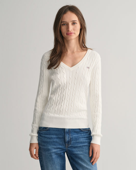 EGGSHELL, STRETCH COTTON CABLE V-NECK, FRONT-VIEW BY GANT AU.