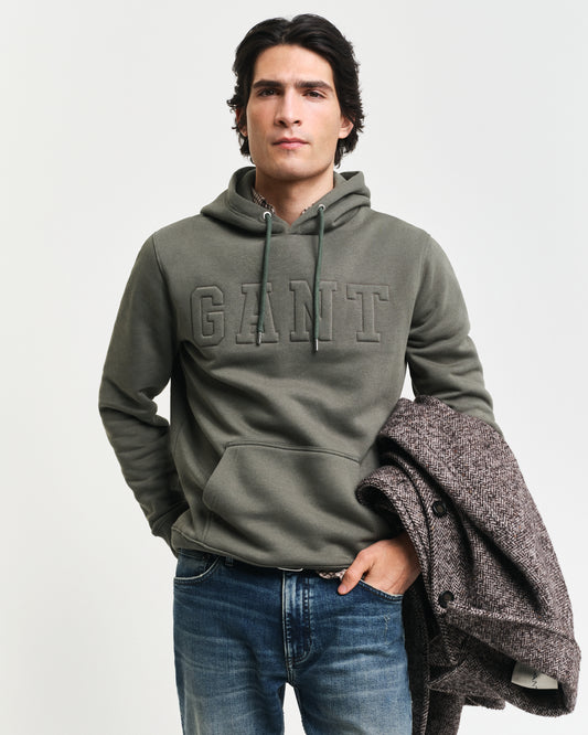DARK EARTHY GREEN, EMBOSSED SWEAT HOODIE, FRONT-VIEW BY GANT AU.