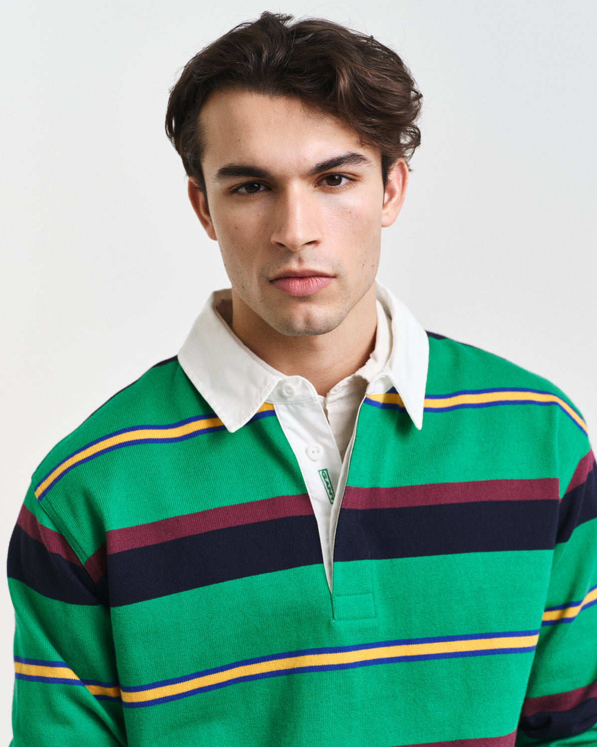 MODEL WEARING MULTI STRIPE HEAVY RUGGER